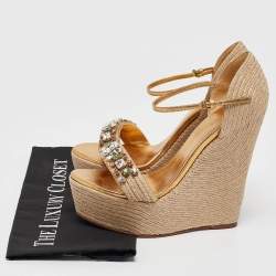 Gucci Gold Leather and Jute Crystal Embellished Espadrille Wedge Sandals Size 39