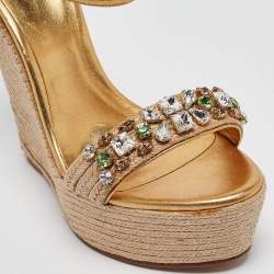 Gucci Gold Leather and Jute Crystal Embellished Espadrille Wedge Sandals Size 39