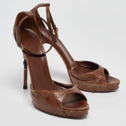 Gucci Brown Python Leather Bamboo Heel Platform Ankle Strap Sandals Size 39