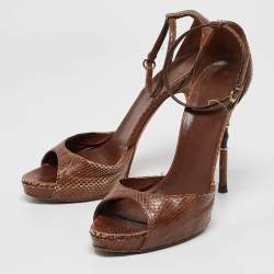 Gucci Brown Python Leather Bamboo Heel Platform Ankle Strap Sandals Size 39
