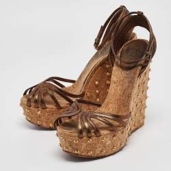 Gucci Metallic Brown Leather Studded Cork Platform Wedge Sandals Size 38.5