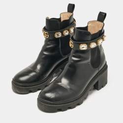 Gucci Black Leather GG Crystal Embellished Ankle Length Boots Size 38.5