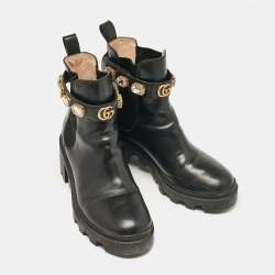 Gucci Black Leather GG Crystal Embellished Ankle Length Boots Size 38.5