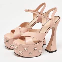 Pre Owned Gucci Pink Leather GG Stud Malaga Platform Sandals Size 39.5