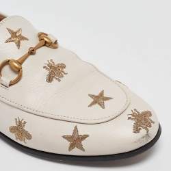 Gucci White Bee & Star Embroidered Leather Jordaan Loafers Size 38