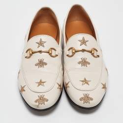 Gucci White Bee & Star Embroidered Leather Jordaan Loafers Size 38