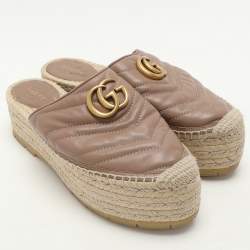 Pre Owned Gucci Beige Quilted Leather GG Marmont Platform Espadrille Flats Size 37.5