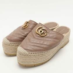 Pre Owned Gucci Beige Quilted Leather GG Marmont Platform Espadrille Flats Size 37.5