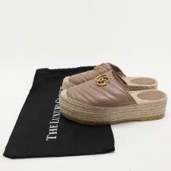 Pre Owned Gucci Beige Quilted Leather GG Marmont Platform Espadrille Flats Size 37.5