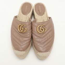 Pre Owned Gucci Beige Quilted Leather GG Marmont Platform Espadrille Flats Size 37.5
