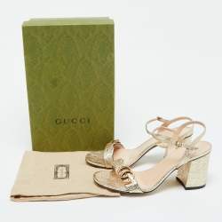 Pre Owned Gucci Gold Crinkled Leather GG Marmont Ankle Strap Sandals Size 40