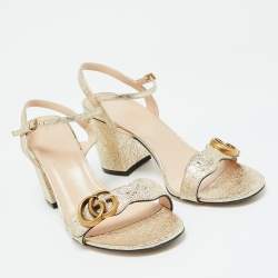 Pre Owned Gucci Gold Crinkled Leather GG Marmont Ankle Strap Sandals Size 40