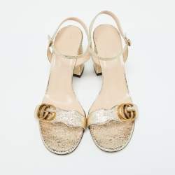 Pre Owned Gucci Gold Crinkled Leather GG Marmont Ankle Strap Sandals Size 40