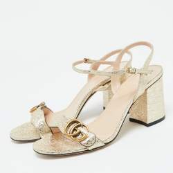Pre Owned Gucci Gold Crinkled Leather GG Marmont Ankle Strap Sandals Size 40