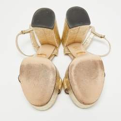 Pre Owned Gucci Gold Texture Leather GG Marmont Ankle Strap Sandals Size 37.5