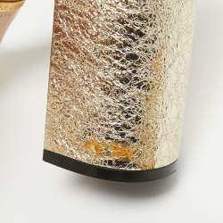 Pre Owned Gucci Gold Texture Leather GG Marmont Ankle Strap Sandals Size 37.5