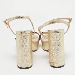 Pre Owned Gucci Gold Texture Leather GG Marmont Ankle Strap Sandals Size 37.5