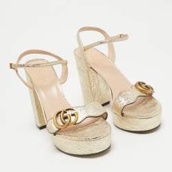 Pre Owned Gucci Gold Texture Leather GG Marmont Ankle Strap Sandals Size 37.5