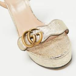 Pre Owned Gucci Gold Texture Leather GG Marmont Ankle Strap Sandals Size 37.5