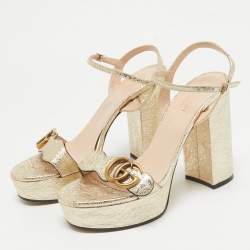 Pre Owned Gucci Gold Texture Leather GG Marmont Ankle Strap Sandals Size 37.5