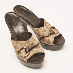 Pre Owned Gucci Brown/Beige GG Canvas Icon Bit Platform Slide Sandals Size 40.5