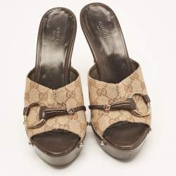 Pre Owned Gucci Brown/Beige GG Canvas Icon Bit Platform Slide Sandals Size 40.5