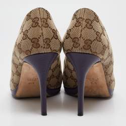 Pre Owned Gucci Beige Canvas Hollywood Peep Toe Pumps  Size 40.5