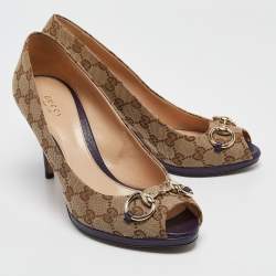 Pre Owned Gucci Beige Canvas Hollywood Peep Toe Pumps  Size 40.5