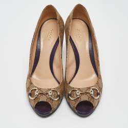 Pre Owned Gucci Beige Canvas Hollywood Peep Toe Pumps  Size 40.5