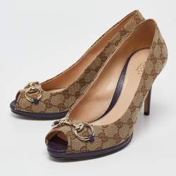 Pre Owned Gucci Beige Canvas Hollywood Peep Toe Pumps  Size 40.5