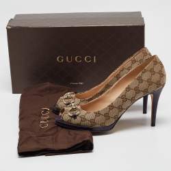 Pre Owned Gucci Beige Canvas Hollywood Peep Toe Pumps  Size 40.5