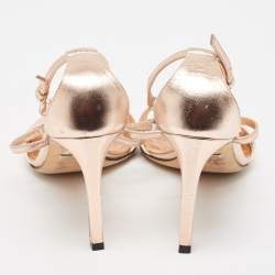 Pre Owned Gucci Metallic Rose Gold Leather Crystal Embellished GG Logo Ankle Strap Sandals Size 38