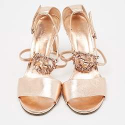 Pre Owned Gucci Metallic Rose Gold Leather Crystal Embellished GG Logo Ankle Strap Sandals Size 38