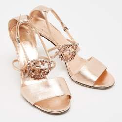 Pre Owned Gucci Metallic Rose Gold Leather Crystal Embellished GG Logo Ankle Strap Sandals Size 38