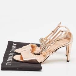 Pre Owned Gucci Metallic Rose Gold Leather Crystal Embellished GG Logo Ankle Strap Sandals Size 38