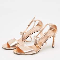 Pre Owned Gucci Metallic Rose Gold Leather Crystal Embellished GG Logo Ankle Strap Sandals Size 38