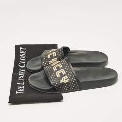 Gucci Black/Gold Coated Canvas and Leather Star Guccy Slides Size 38