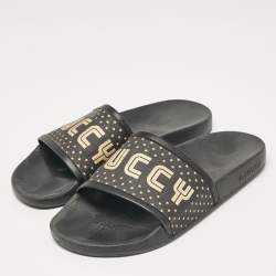 Gucci Black/Gold Coated Canvas and Leather Star Guccy Slides Size 38