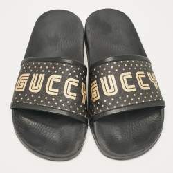 Gucci Black/Gold Coated Canvas and Leather Star Guccy Slides Size 38