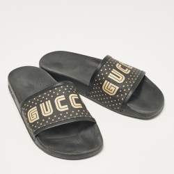 Gucci Black/Gold Coated Canvas and Leather Star Guccy Slides Size 38