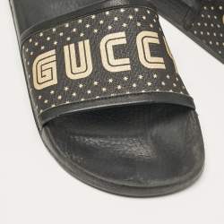 Gucci Black/Gold Coated Canvas and Leather Star Guccy Slides Size 38