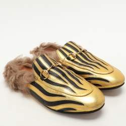 Gucci Gold/Black Leather Princetown Fur Lined Horsebit Mules Size 38