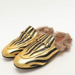 Gucci Gold/Black Leather Princetown Fur Lined Horsebit Mules Size 38