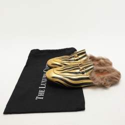 Gucci Gold/Black Leather Princetown Fur Lined Horsebit Mules Size 38
