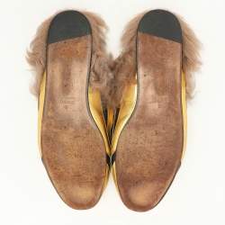 Gucci Gold/Black Leather Princetown Fur Lined Horsebit Mules Size 38