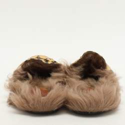 Gucci Gold/Black Leather Princetown Fur Lined Horsebit Mules Size 38