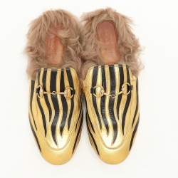 Gucci Gold/Black Leather Princetown Fur Lined Horsebit Mules Size 38