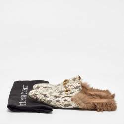 Gucci White/Grey Snakeskin Fur Horsebit Flat Mules Size 40