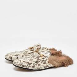 Gucci White/Grey Snakeskin Fur Horsebit Flat Mules Size 40