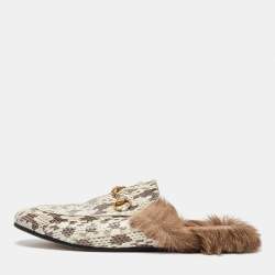Gucci White/Grey Snakeskin Fur Horsebit Flat Mules Size 40